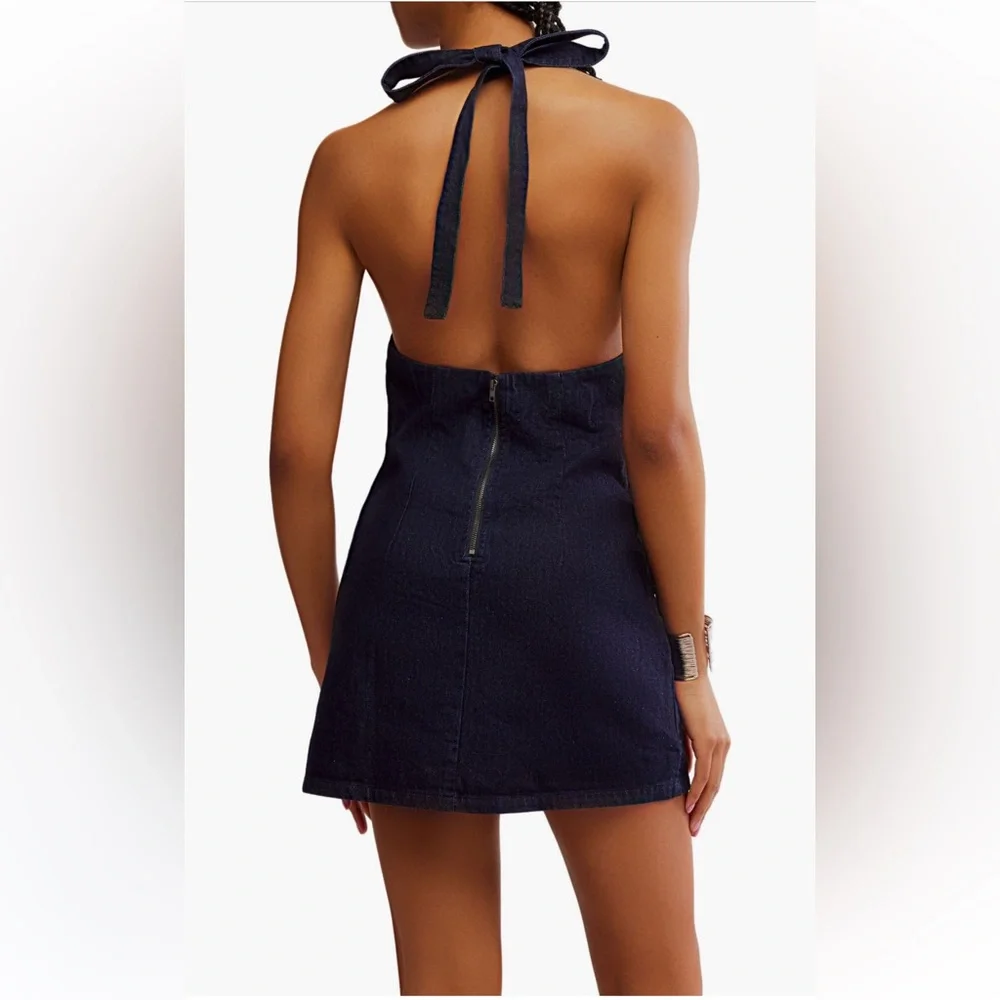 Free People Trevi Denim Halter Minidress in Rinse Sizes L & XL $108 Retail NWT - Picture 3 of 8
